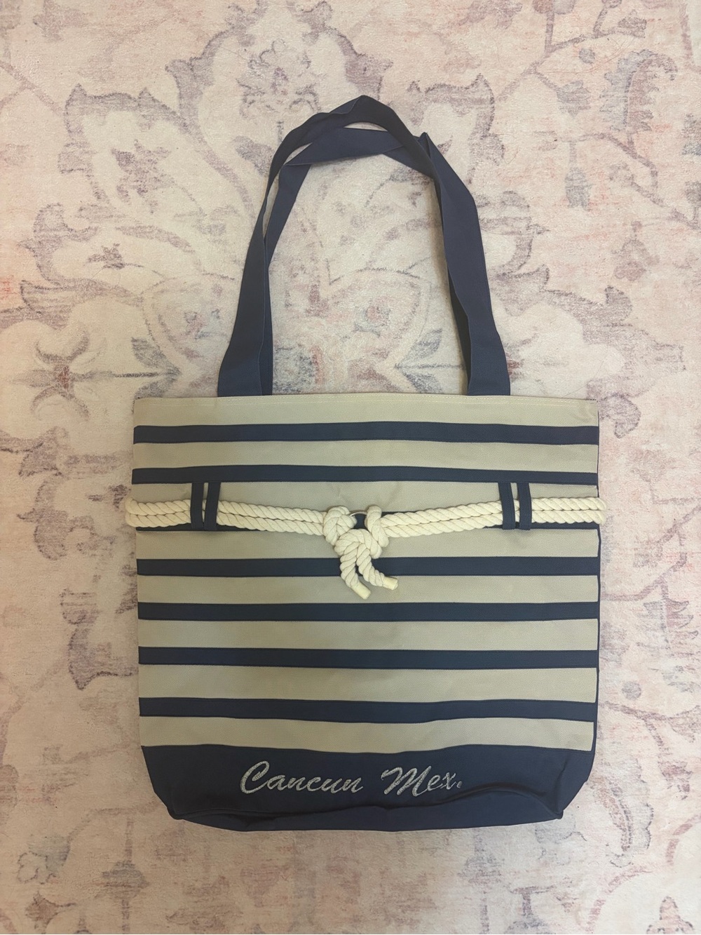 Striped Navy and Cream Tote Bag with Rope Accent